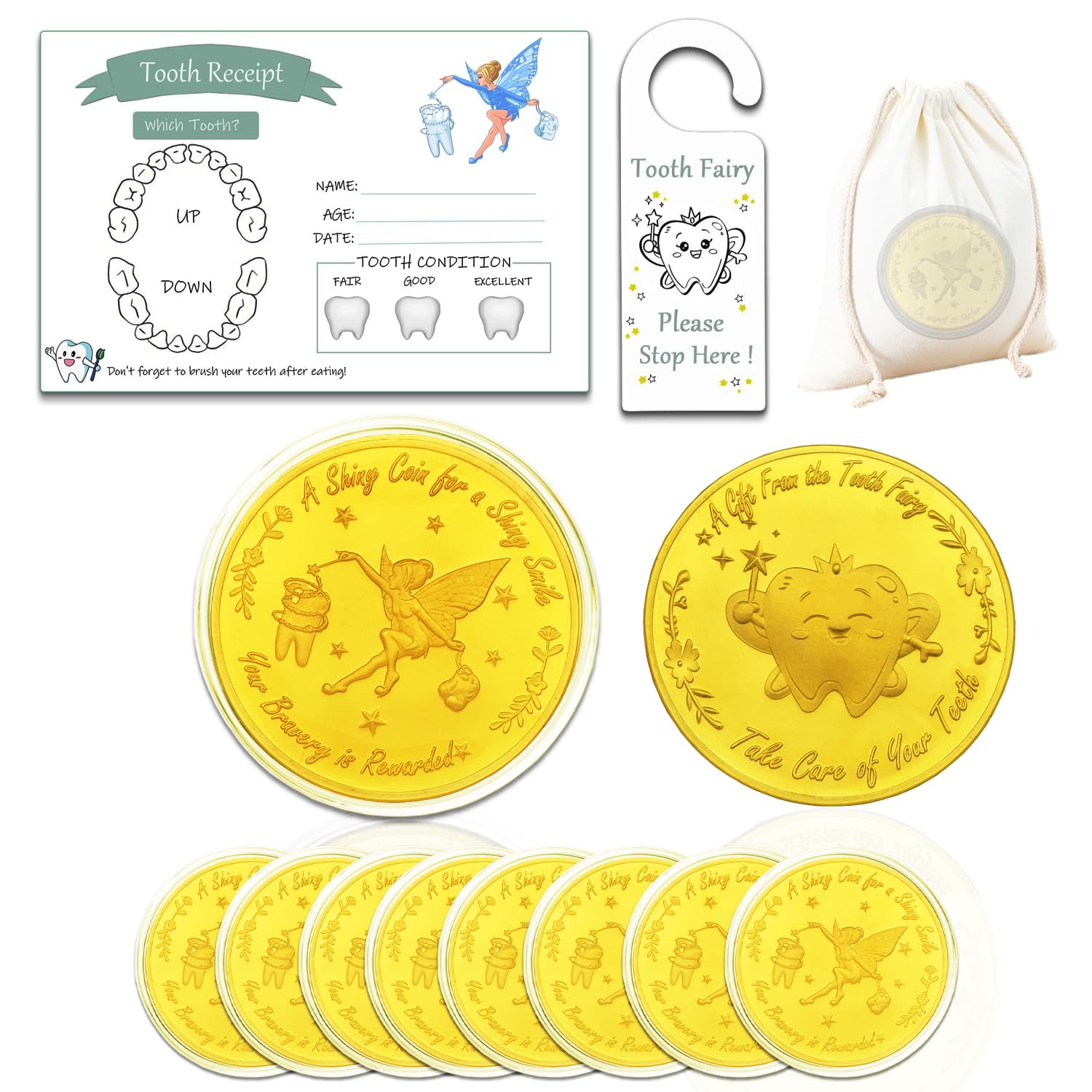 YUJUE Tooth Fairy Coins, 10 Pieces of Tooth Fairy Gold Coins and 10 Pieces of Tooth Fairy Certificates, Tooth Fairy Gift, Gold Coins Children, Lost Tooth Children Gifts Souvenir