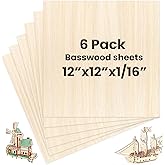 DIYDEC 6 Pack Basswood Sheets 12 x 12 x 1/16 Inch Thin Wooden Sheet Unfinished Wooden Squares Boards Balsa Plywood Wood Sheets for Crafts Architectural Models Laser Cutting Wood Burning and Drawing