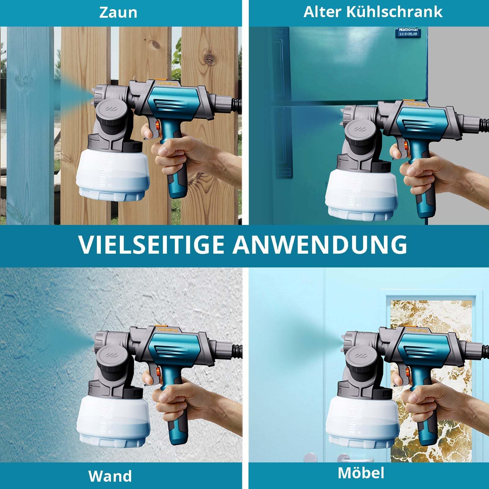Tilswall Farbsprühsystem Shark 800 HVLP Elektro120 DIN-s Lackierpistole Elektrisch mit 4 Düsen und 3 Sprühmodi für Innen- und Außenwandfarben (Blau) 5