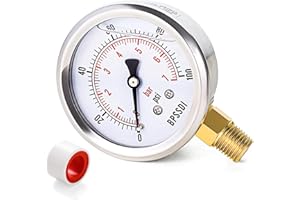 BPSSDI 0-100 Psi Glycerin Liquid Filled Low Pressure Gauge, 2.5" Dial Size, 1/4" NPT Lower Mount, 304 Stainless Steel Case, for Water Pump, Pneumatic Air, RV Hose, Gas Pressure Test