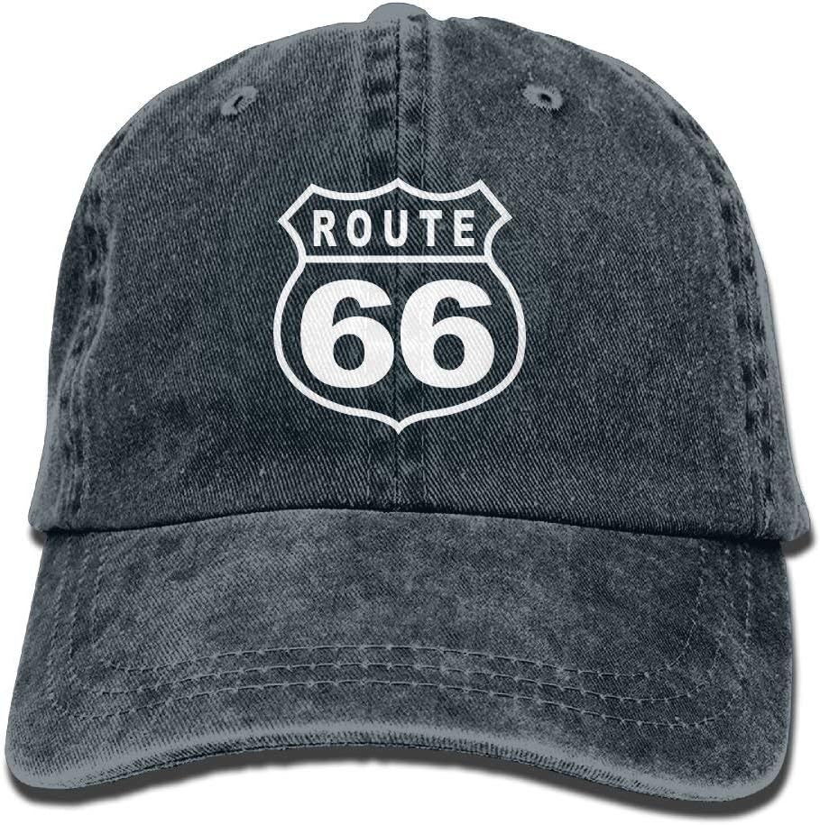Jenpoju Route 66 Vacation Highway Road Sign Washed Retro Adjustable Denim Hats Baseball Hat for Woman and Man