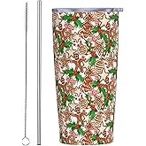 SOUWEWU Christmas Cookies 20oz Tumbler Stainless Steel with Lid and Straw, Red Holly Insulated Travel Mug for Hot Cold Drinks, Christmas Print Cup, Coffee Cup for Women Men Teens