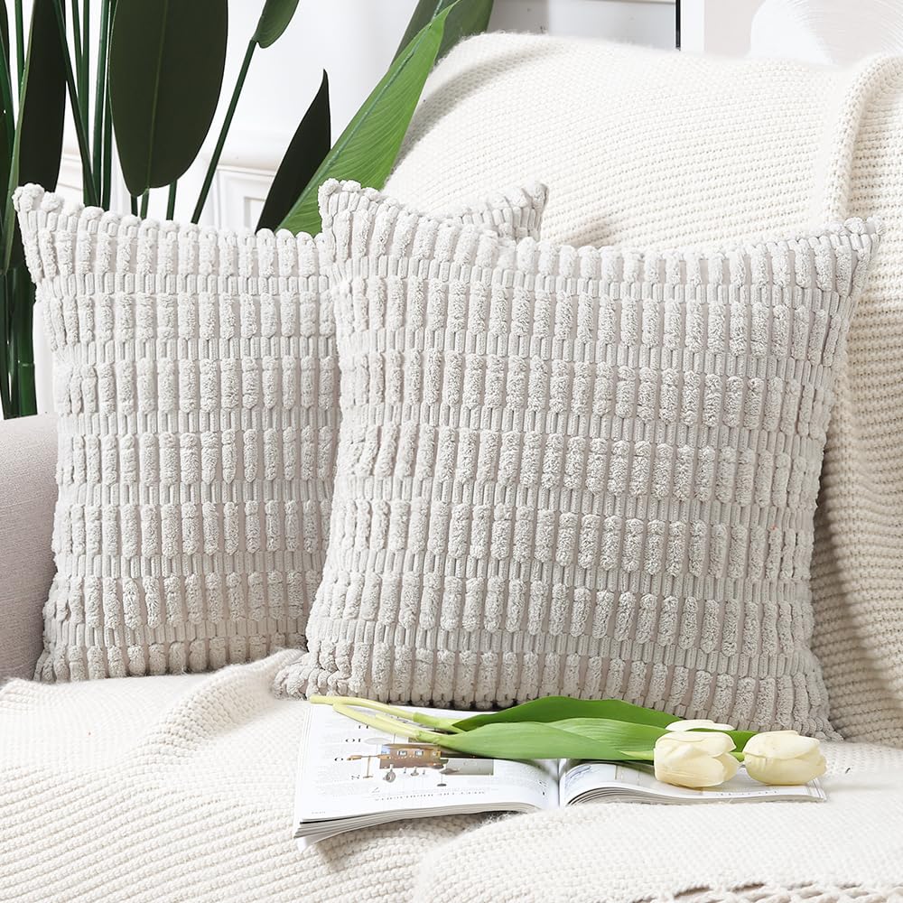 Madizz Pack of 2 Boho Striped Corduroy Throw Pillow Covers 16x16 inch, 40x40 cm, Grey Soft Decorative Cushion Cover for Sofa Bedroom Pillow Shell โ image 1