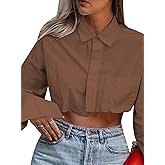 Wcuvbv Women Cropped Button Down Shirt Asymmetric Hem Long Sleeve Collared Blouse Top