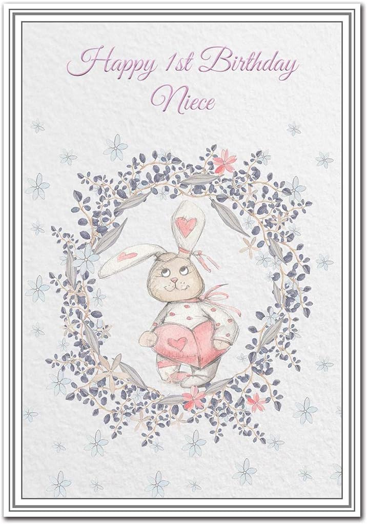 Happy 1st Birthday Niece Card - Baby Girl - First Keepsake for 1 Year Old Girls - Children’s Design - Premium Quality Child Cards - Cute Bunny Rabbit - Unusual Unique