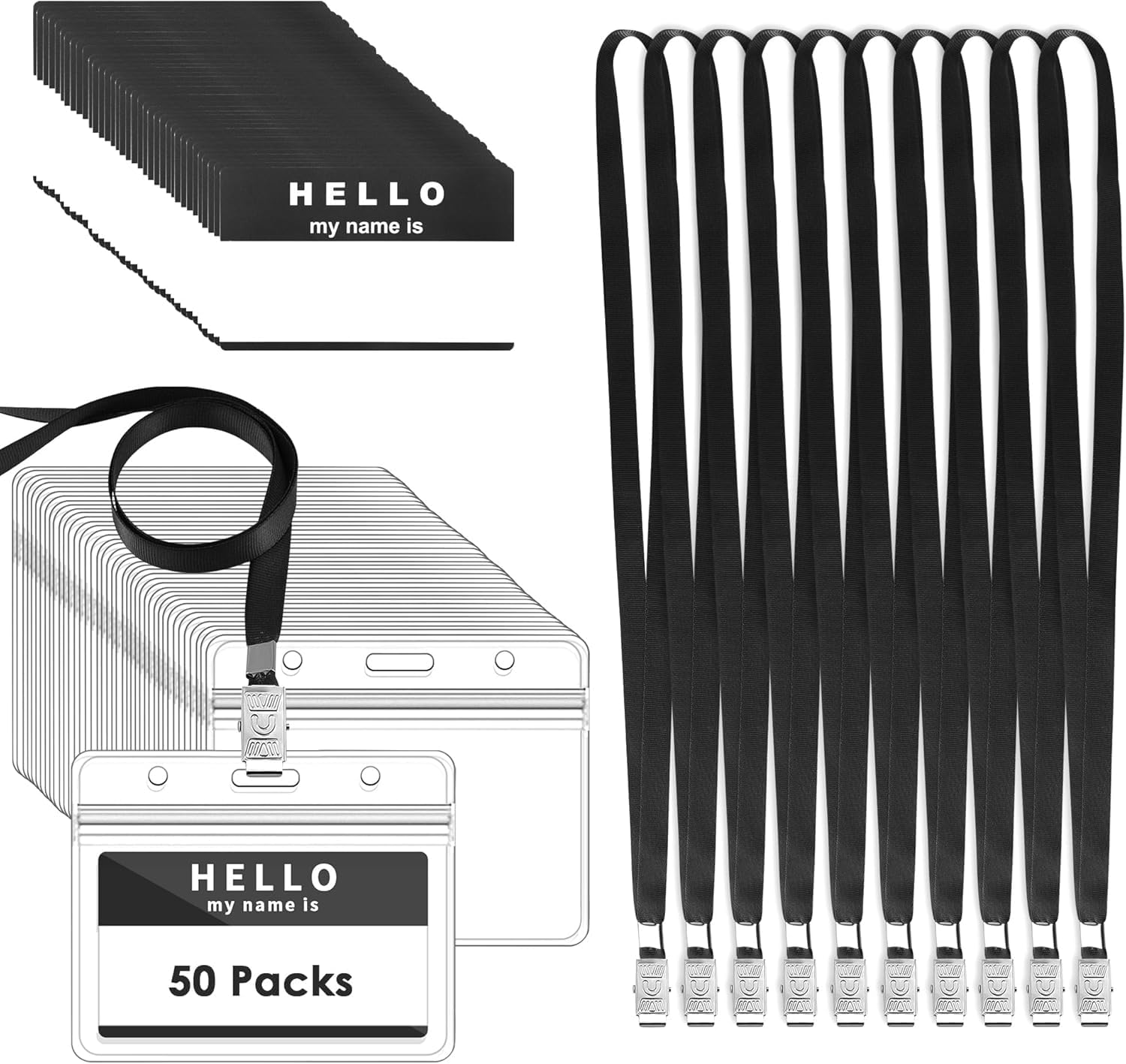 Gimars 50pcs Lanyard with Card Holder, Transparent Waterproof Work Pass ID Card Name Badge Holders Tags Black Neck Strap with Metal Clip & 50pcs Nameplates for Staff, Students,Conference,Office