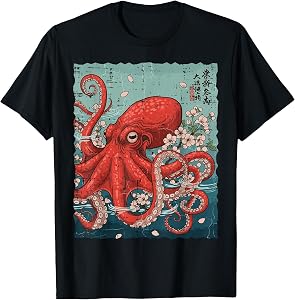 Japanese Red Octopus Sakura Vintage Ukiyo-e Men Women Kids T-Shirt