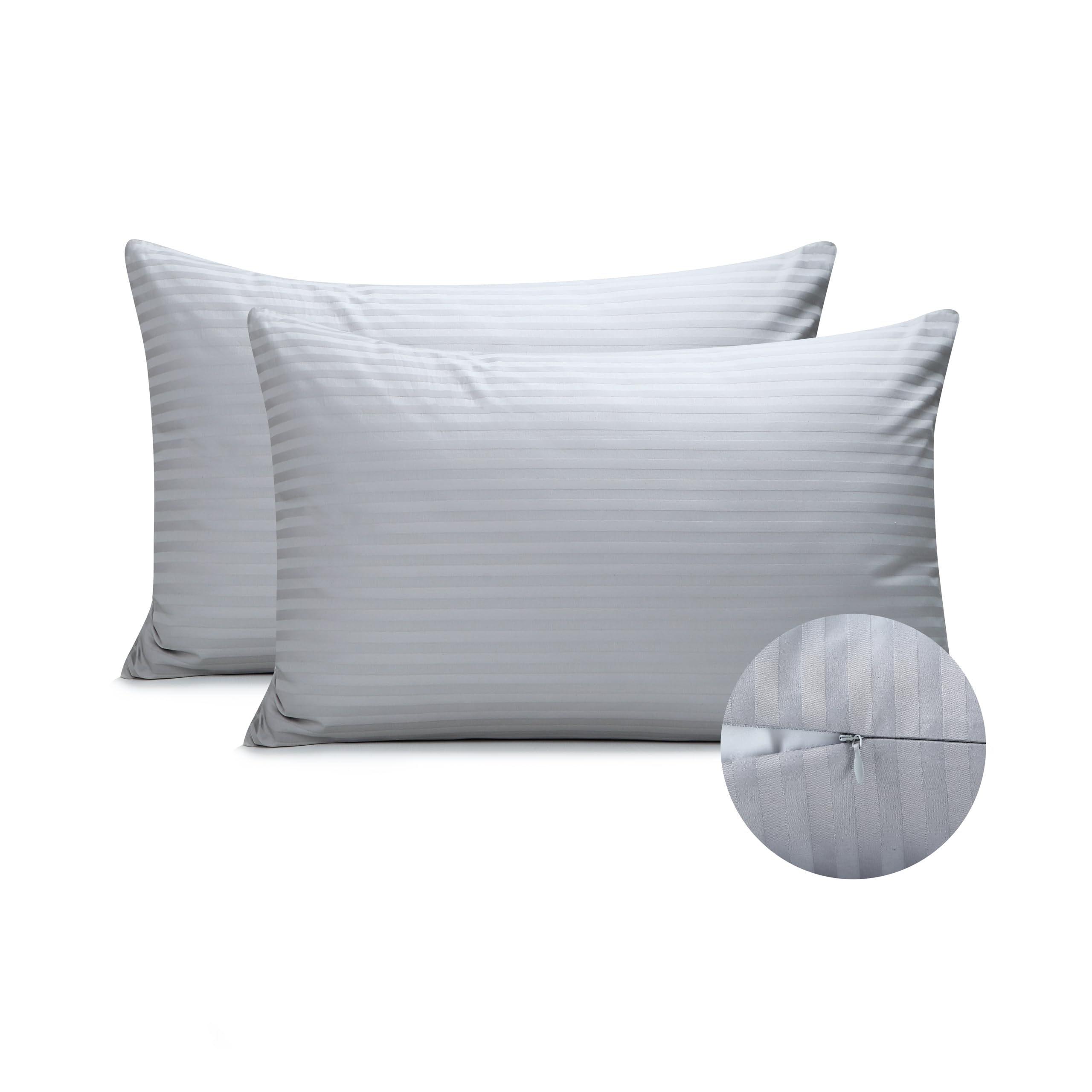 Photo 1 of 100% Cotton Pillow Protector Cases Cover with Zipper Closure, Luxury Hotel Quality,Soft,Thick and Breathable, No Pilling, Sateen Stripe Weave,Pillowcases Set of 2 (20 * 36Inch, Silver King)
