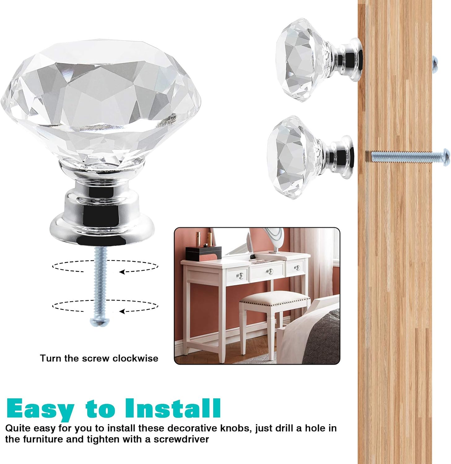 Fest 20pcs 30mm Transparent Crystal Glass Diamond Door Handle with Screws, high-end Light Luxury Handle for Wardrobe Cabinet Drawer Handle Single Hole Handle for Home Decoration - Image 5