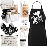 10 Pieces Hairdresser Gifts Set for Women Hair Stylist Appreciation Gift Christmas Gifts Set with Tumbler,Socks,Makeup Bag,Keychain,Candle,Scissor Hair Clips,Apron,Greeting Card (Glass Cup)