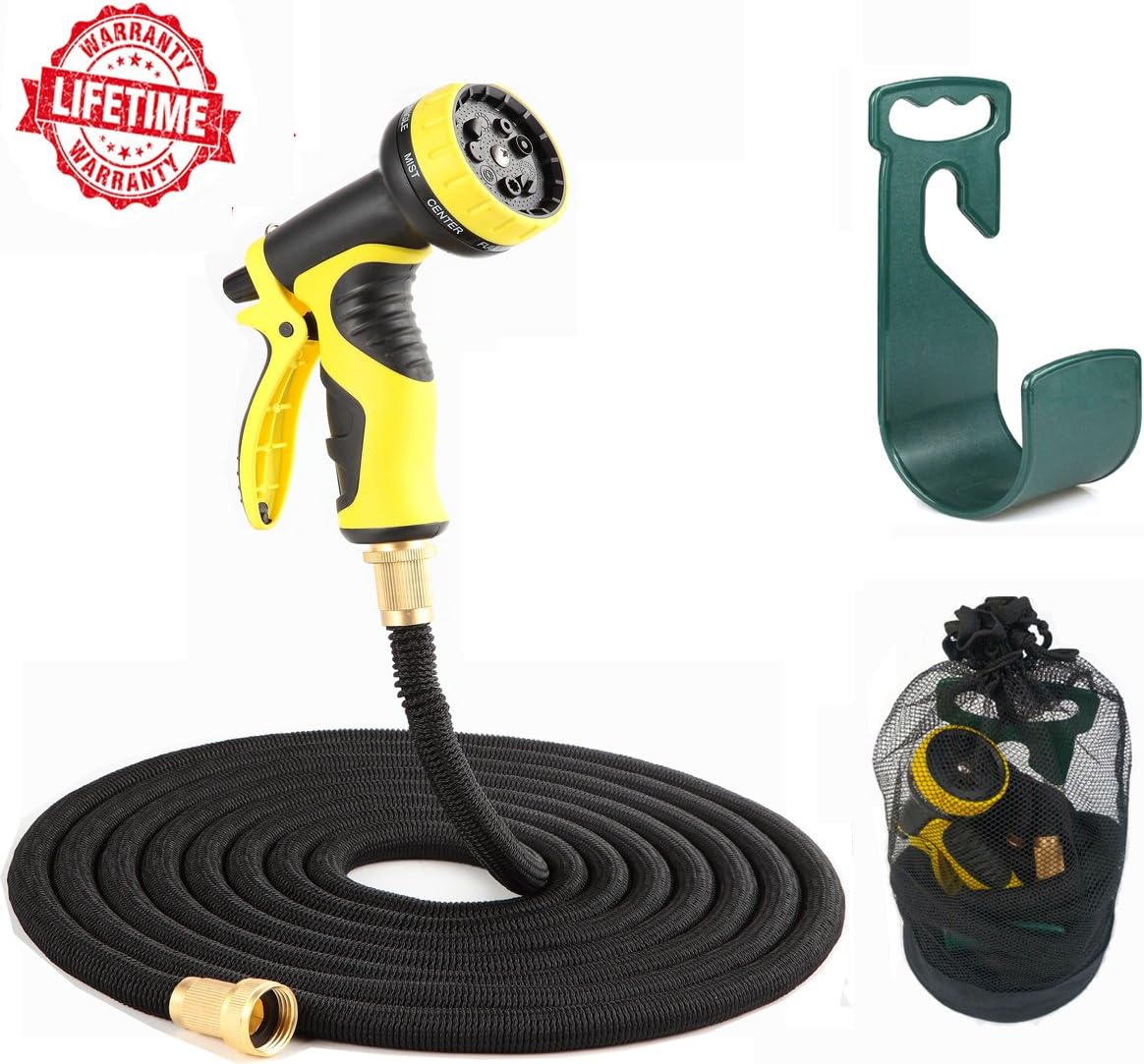 2018 Newest Expandable Garden Hose, Expandable Hose With All Brass Connectors, 9 Pattern Garden Hose Nozzle And High Pressure, Garden Hose Expandable with Hose Hanger【IMPROVED】Water Hose (50FT)