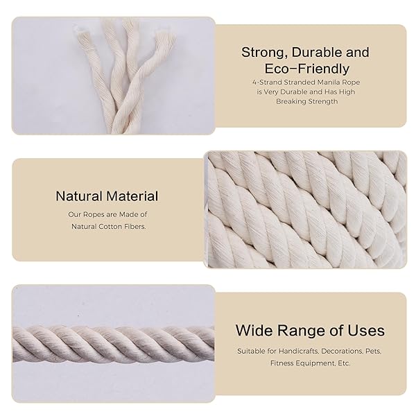 BRETANGME NATURAL WHITE COTTON ROPE 3/4 INCH × 100 FT, 4-STRAND TWISTED THICK ROPE FOR CRAFTS, TUG OF WAR, CLOTHESLINE, HANGING, PORCH SWING BED, PET TOYS, SOFT COTTON CORD FOR HOME/OUTDOOR DECORATION