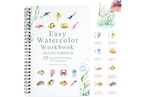 SLWBZ Watercolor Workbook Ocean Animals, 15 Different Patterns of Original DIY Designs, 16 Color Watercolor Paint Plates with Palette and Brush, Beginner-Friendly Watercolor Workbooks, Ocean Animals
