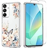 Cinysnt Flower Phone Case Floral for Samsung Galaxy A16 5G 6,7'' with Screen Protector, Clear Transparent Phone Cover Slim Soft Shockproof Anti-Scratch Drop Protection Funda for Girls Women, 01