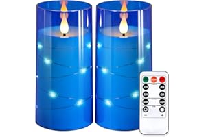 NURADA 3"x6"Flickering Flameless Candles: Built-in Star String 3D Wick Battery Operated LED Candles with Remote and Timer for Wedding Valentine's Day Decor, Blue 2 Pack