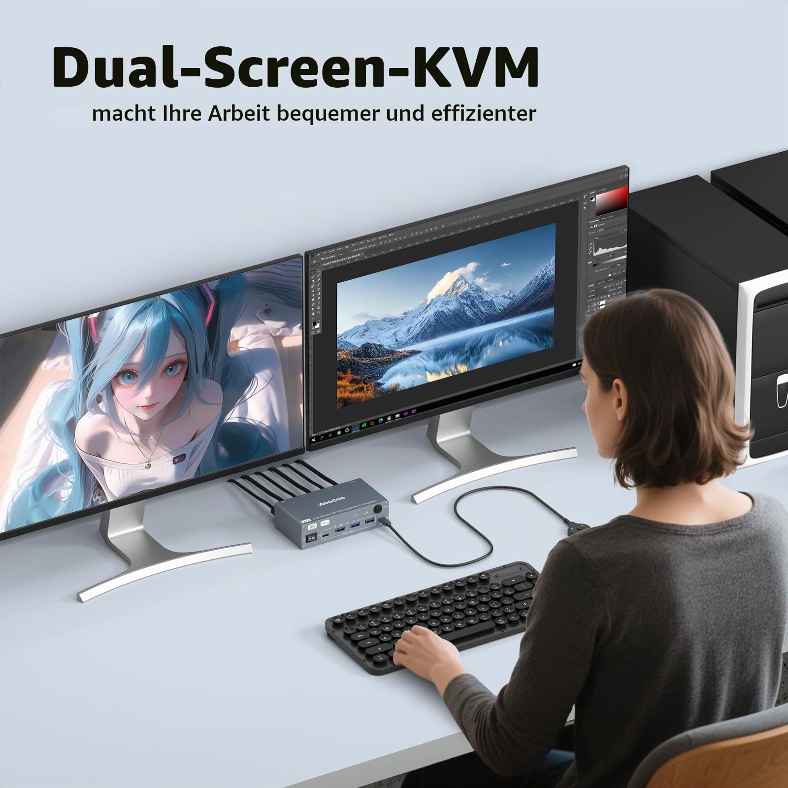 Displayport KVM Switch 2 Computers 2 Monitore, 8K@60Hz/4K@240Hz Dual Monitore KVM Switch with 4 USB3.0 Ports, USB Kabeln und Netzteil, ideal für Homeoffice und Gaming 7
