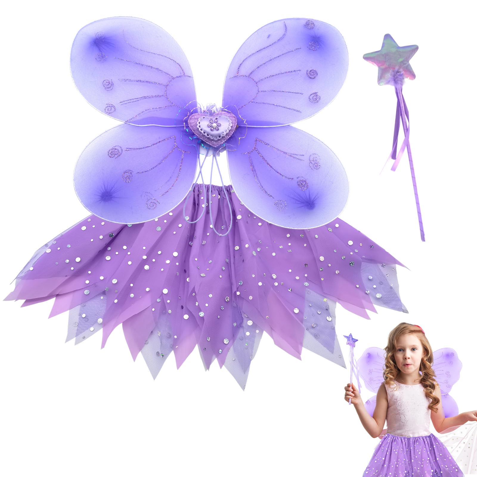 AffeGifts Fairy Wings Kids and Wand Set, Kids Butterfly Wings with Tutu Skirt Butterfly Costume Princess Fairy Costume for Girls Masquerade Birthday Party 3-8 Years Old (Purple)
