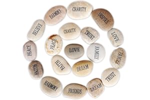 Barelove 12pcs DIY Rocks for Engraved Polished Painting River Stones 12 Different Words, Inspirational Stones Flat River Rocks for Arts, Crafts, Aquarium Plants Decoration (White-Black words)