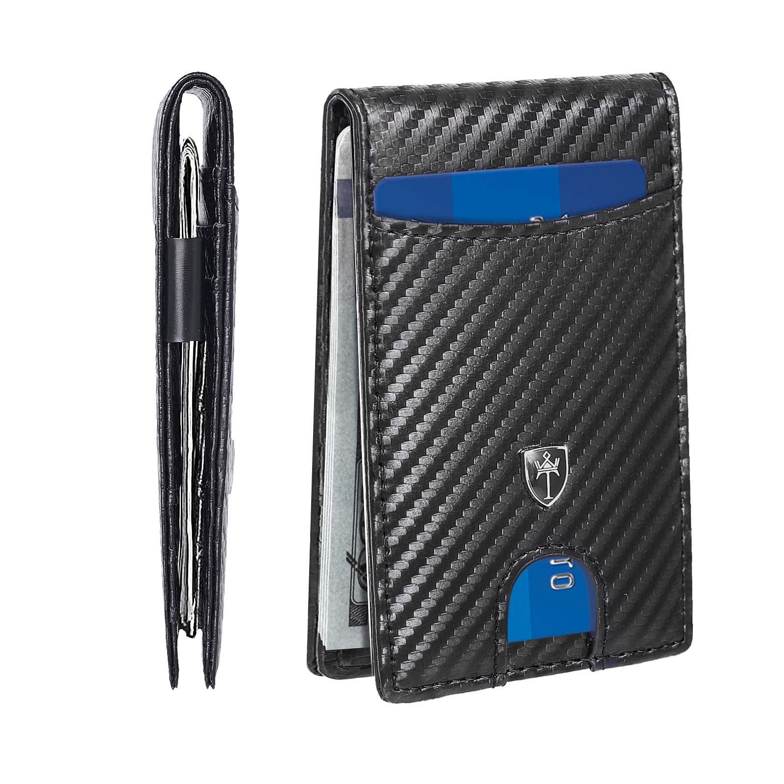 Photo 1 of Tipmile Money Clip Wallet for Men RFID Blocking Minimalist Slim Bifold Front Pocket Wallet, Black Carbon Fiber