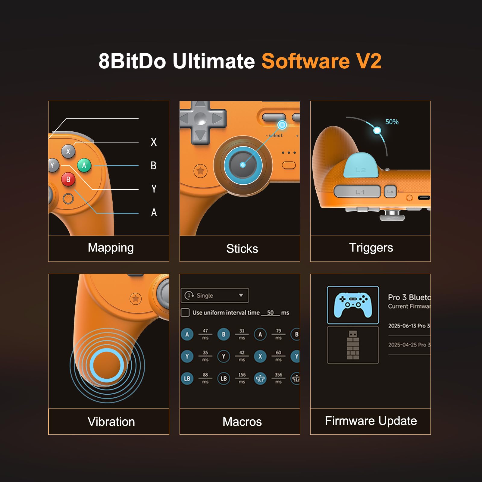 8BitDo Pro 3 Bluetooth Controller for Switch/Switch 2,TMR Joysticks,Programmable Pro Back Buttons&R4/L4 Bumpers,Hall/Tactile Triggers,Swappable ABXY Buttons,for Windows,Apple,SteamOS,Android - Orange