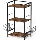 PINPON 3-Tier Purse Organizer Rack, Iron & Wood Floor-Standing Bag Storage Holder with 6 Hooks & 2 Removable Baskets, Adjusta