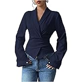 MakeMeChic Women's Wrap Blouse V Neck Long Sleeve Dressy Casual Bowknot Ruched Business Shirts