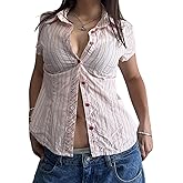 Qiicvs Womens Button Down Shirts Y2k Striped Short Sleeve Tight Blouse Casual V Neck Aesthetics Clothes