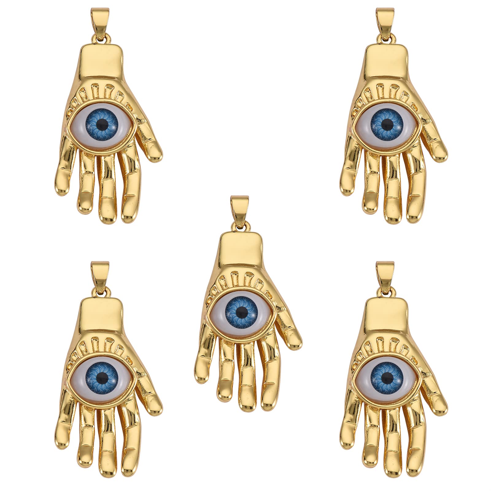 COGCHARGER 5 Pieces Hand Shape Brass Charms Pendants Hand with Evil Eye Brass Charms with Resin Cabochons for Jewelry Necklace Bracelet Earring Making