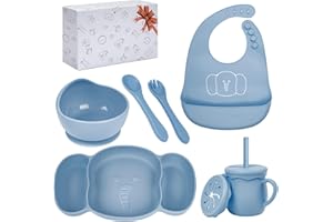 KIROGILY Silicone Baby Feeding Set, 6 PCS Baby Led Weaning Supplies, Toddlers Suction Plates with Bowl Spoon Fork Sippy Cup Bib, Baby Eating Utensils (Blue)