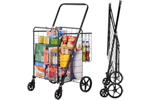 VEVOR Folding Shopping Cart, Jumbo Grocery Cart with Double Baskets, 360° Swivel Wheels, Heavy Duty Utility Cart, 110 LBS Lar