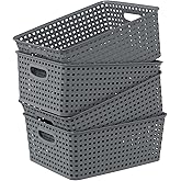Cinkyou Set of 4 Plastic Woven Storage Baskets, 11.41" x 8.86" x 4.6", Pantry Kitchen Organizer Bins, Gray