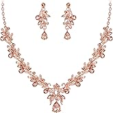 BriLove Women's Wedding Jewelery Set Leaf Flower Crystal Teardrop Marquise Cluster Pendant Necklace Dangle Earrings for Bridal Party
