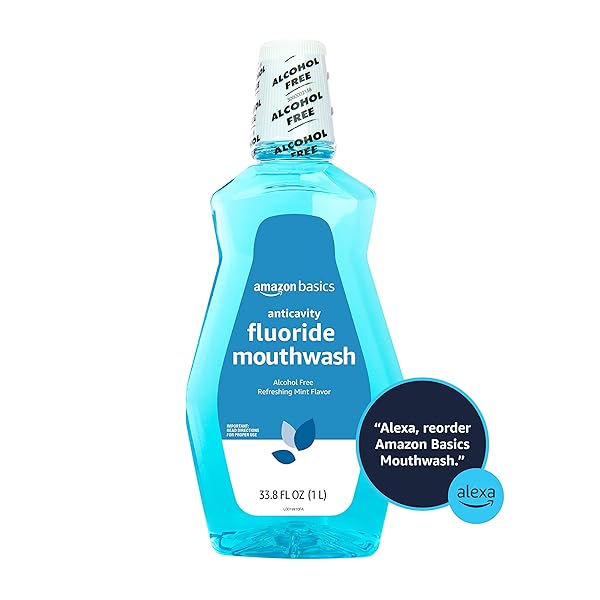 AMAZON BASICS FLUORIDE MOUTHWASH FOR ADULTS, ANTICAVITY, ALCOHOL FREE – REFRESHING MINT FLAVOR, 1 LITER, 1-PACK