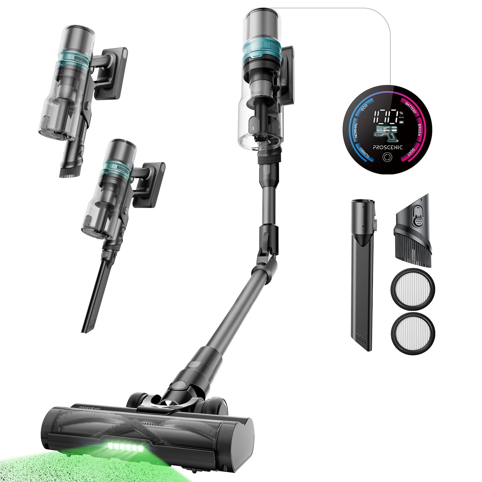 Photo 1 of Proscenic Cordless Vacuum Cleaner, 550W 45KPA 55Mins Runtime, 180°Bendable Wand, Stick Vacuum with Green LED, Tangle-Free Brush, Rechargeable Lightweight Vacuum Cleaners for Home, Pet Hair, P16(Grey)