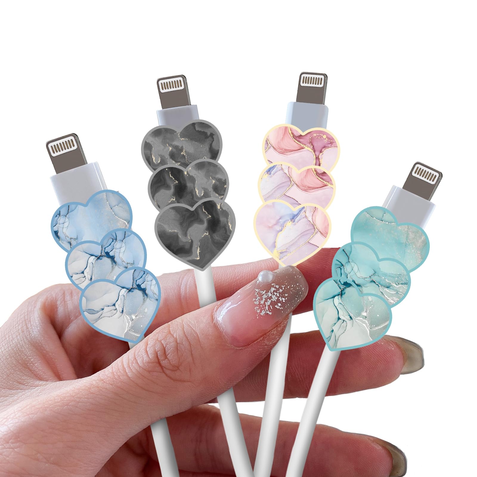 DiyGody Lovely Cable Protector for iPhone Type-C Charger - Heart Shape Sparkle Marble Pattern 4 PCS Set for Women Girls, Charging Cord Saver, Cable Chomper