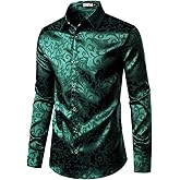 ZEROYAA Men's Luxury Jacquard Long Sleeve Dress Shirt Shiny Satin Slik Like Wedding Party Prom Shirts