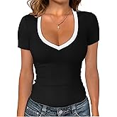 Sampeel Short Sleeve Shirts for Women V Neck Summer Ribbed Tshirts 2026 Slim Fit Spring Fashion Going Out Basic Tees
