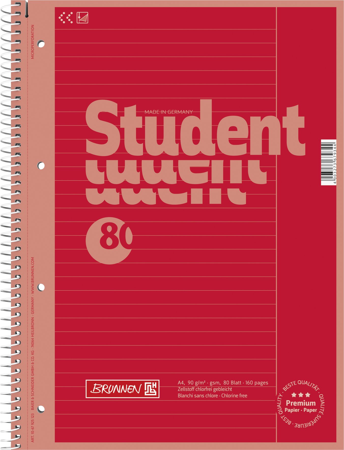 Brunnen Colour Code 1067925123 Notebook/Notepad student A4 liniert (Type 25) 90g/m² 80 Pages, Red