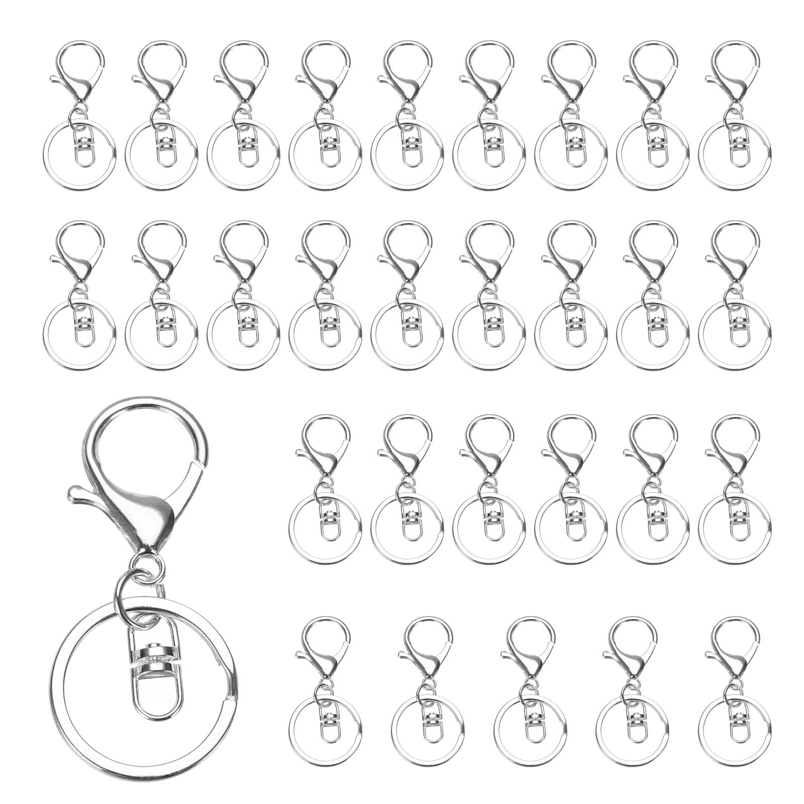 uxcell Lobster Claw Clasps Keychain, 30 Pcs Lobster Claw Clasp Hook with Swivel Trigger Clip and Flat Split Keychain Ring for DIY Craft Key Chain Accessories, Silver