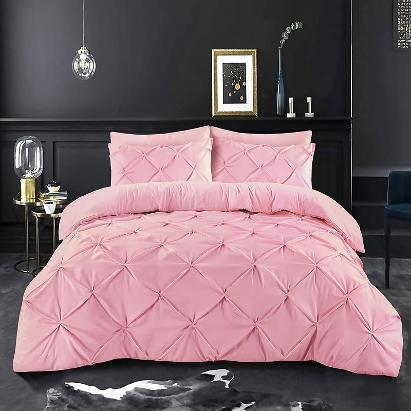 K&A Pintuck Double Duvet Set Pink 200x200 Microfiber Zipper 3pc
