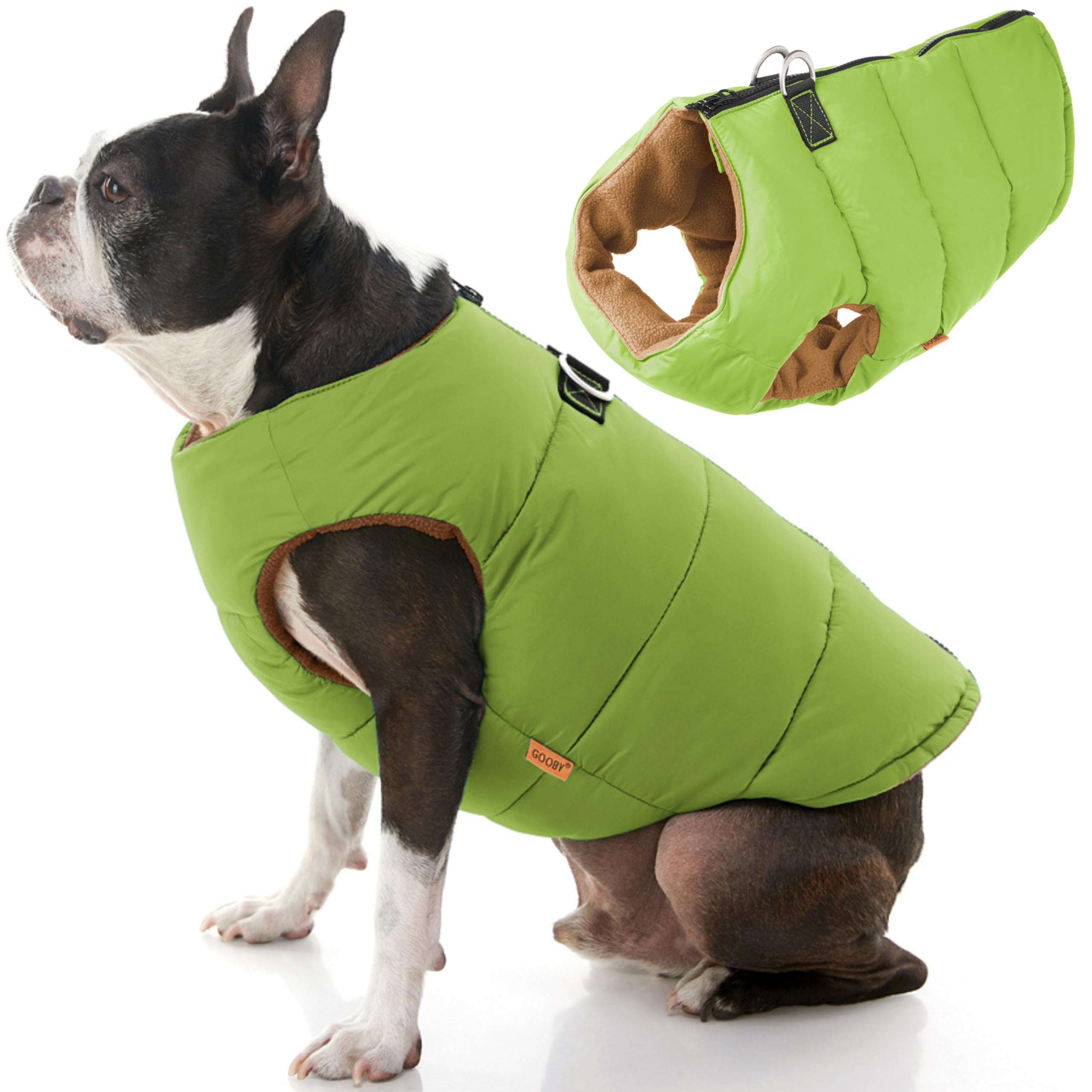 Gooby Padded Vest Dog Jacket - Solid Green, Large - Warm Zip Up Dog Vest Fleece Jacket with Dual D Ring Leash - Water Resistant Small Dog Sweater - Dog Clothes for Small Dogs and Medium Dogs