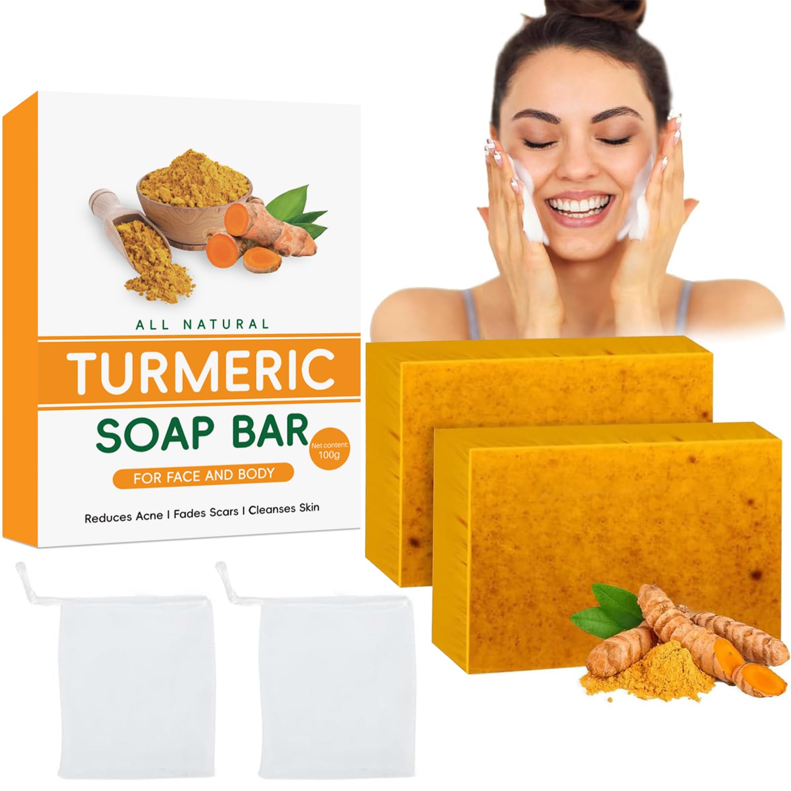2PCS Turmeric Soap Bar, Natural Handmade Kojic Acid Soap for Face & Body, Dark Spot Acne Blackheads Remover for Even Skin Tone, Moisturizing Erase Fine Lines, Gentle Vitamins C Soaps with Foaming Nets