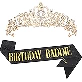 TIOSRU Birthday Baddie Sash and Crowns for Women,Birthday Crown Adult Women Black Glitter sash with Gold foil Happy Birthdays Crown for Birthdays Party Decorations