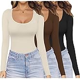 Ekouaer Womens 3 Pack Long Sleeve Shirts Scoop Neck Tops Stretch Fitted Undershirt Lightweight Basic Thermal Tee XS-XXL