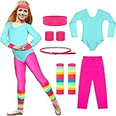 Hicarer 5 Pcs Kids 80s Workout Costume Outfit Accessories Set, Neon Leotard Legging Headband Wristband Leg Warmers Belt