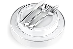 STOCK YOUR HOME 125-Piece White and Silver Fancy Plastic Plates Disposable with Silverware, Elegant Dinnerware for Weddings, Holiday Party China, Set of 25 Dinner + Salad Plates, 25 Spoons, 25 Forks, 25 Knives
