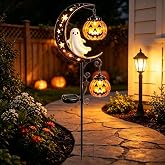 Solar Halloween Black Cat Pumpkin Moon Garden Stake Light, Waterproof Solar Black Cat on Crescent Moon with Hanging Pumpkin Lantern, Fall Halloween Decor Stake for Lawn Patio Pathway，Style D