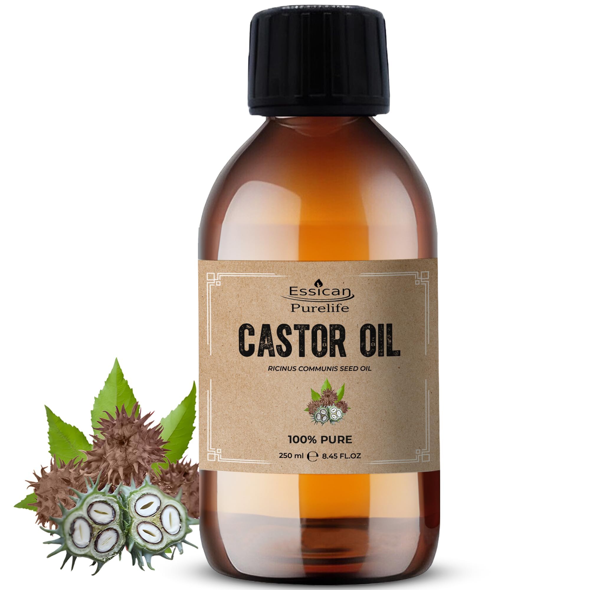 Essican Purelife Pure Castor Oil for Eyelashes 250ml, Fresh & Cold Pressed Castor Oil for Hair Growth, Skin Hydration, Eyebrow Oils Enhancement - Ideal for Body, Beard & Nails, Cruelty-Free