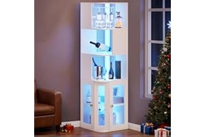 YITAHOME Corner Wine Cabinet with LED Lights & Glass Holder, Corner Bar Cabinet with Tempered Glass Door & Adjustable Shelves, Liquor Bar Rack Cabinet for Living Room, Dining Room, Kitchen, White