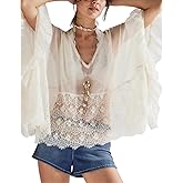 Women Sheer Poncho Tops Oversized Batwing Sleeve Blouse Contrast Lace See Through Mesh Cover Up Ruffle Flowy Boho Shirt